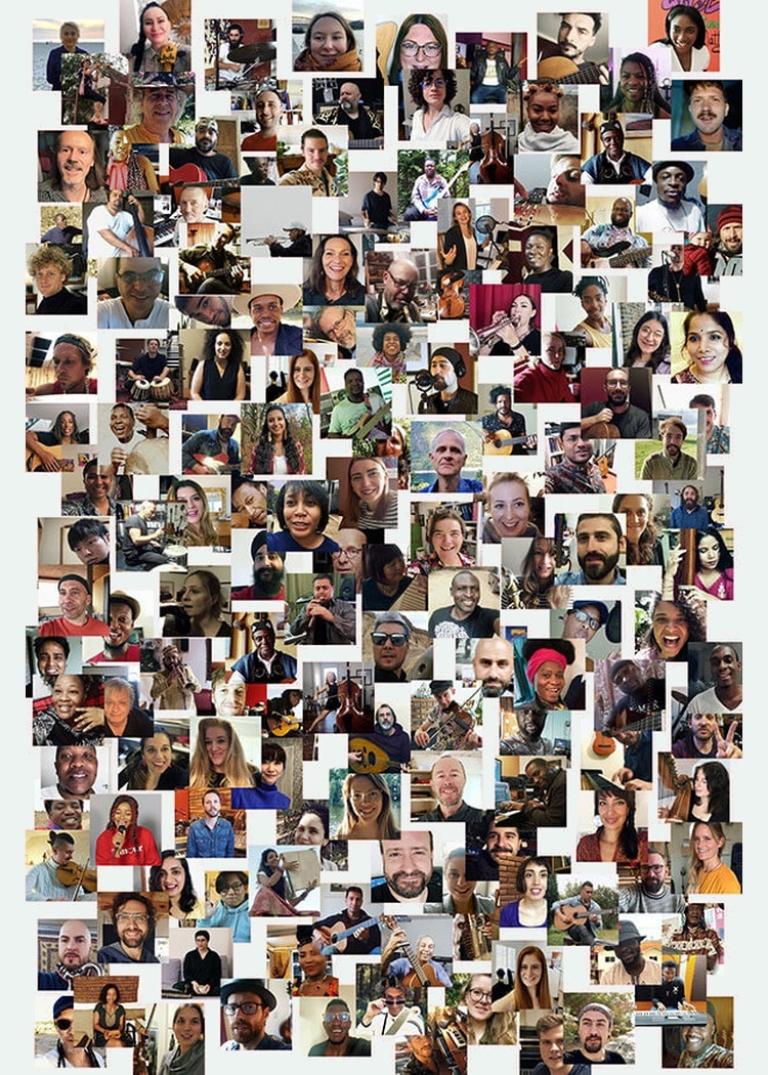 Portrait collage of Beyond Music artists and participants from around the world