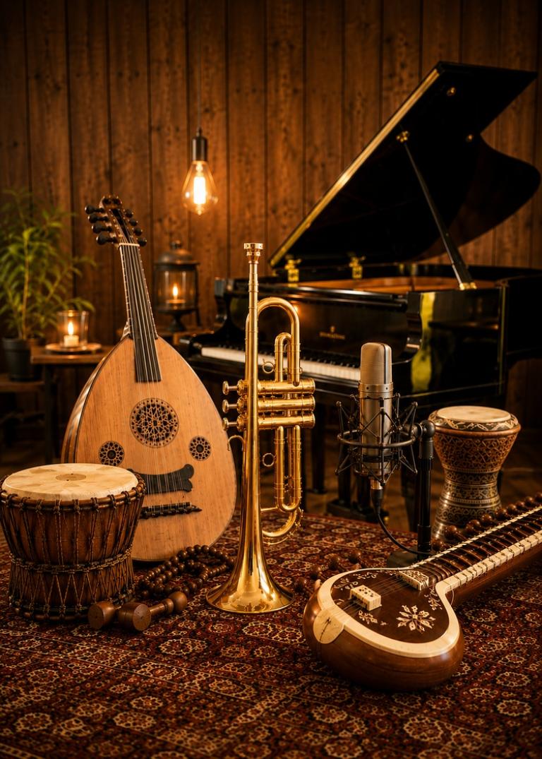 Trumpet, oud, sitar and percussion instruments arranged in a music studio beside a grand piano